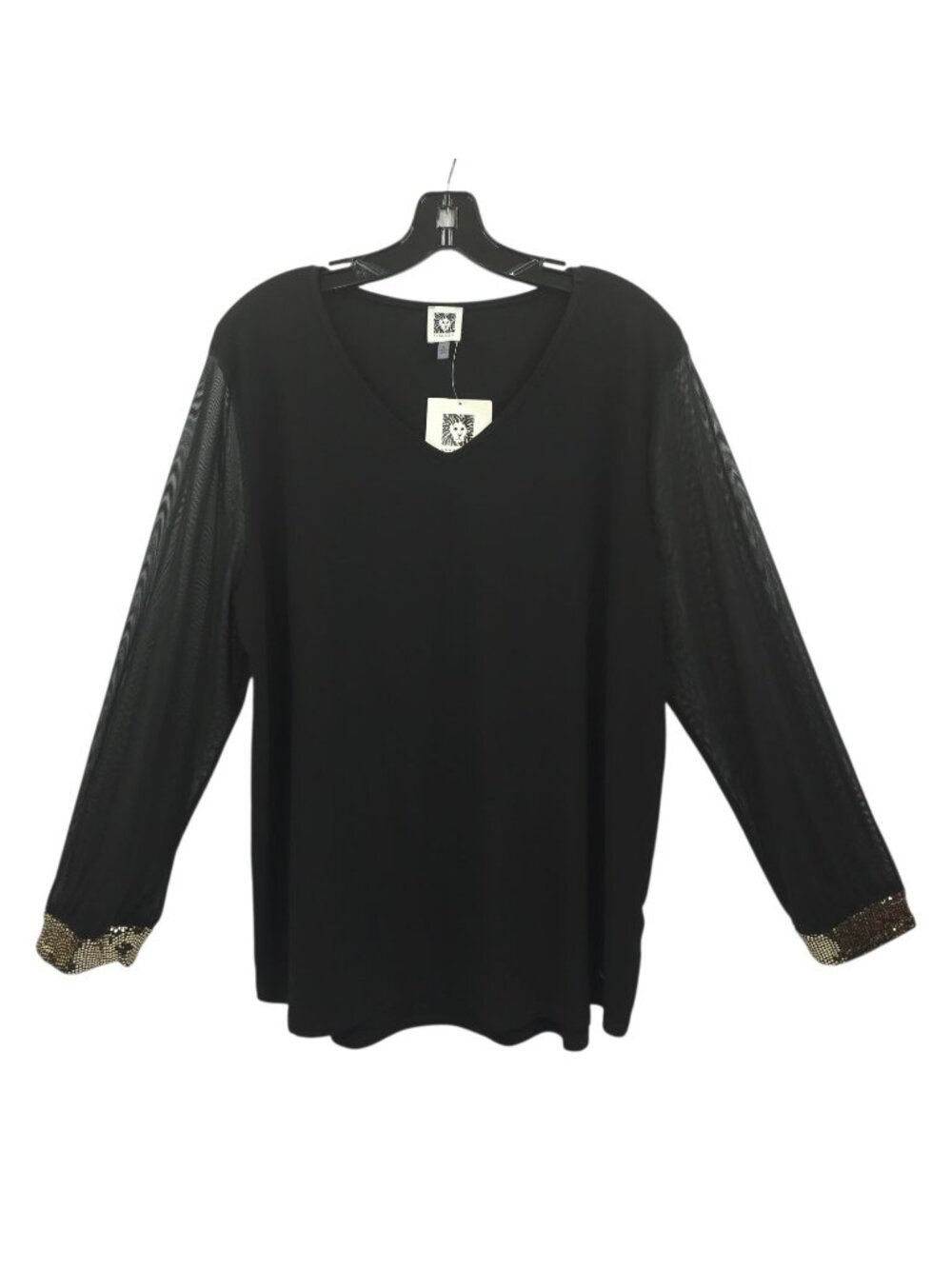 Anne Klein Black V-Neck Top Blouse Womens XL Sheer Mesh Long Sleeve Sequin Cuffs
